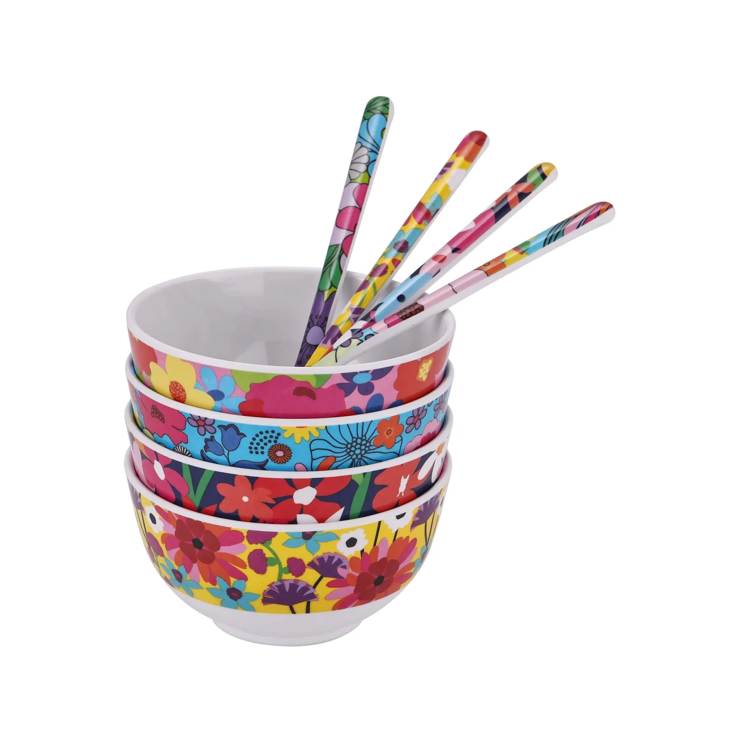 French Bull Melamine Assorted, Tablespoon, Spoon, Set of 4 for Coffee, Milk Powder, Seed, Spices, Ice Cream, Yogurt, Stirring, Mixing, Sugar, 7"" Dessert (Garden Floral)