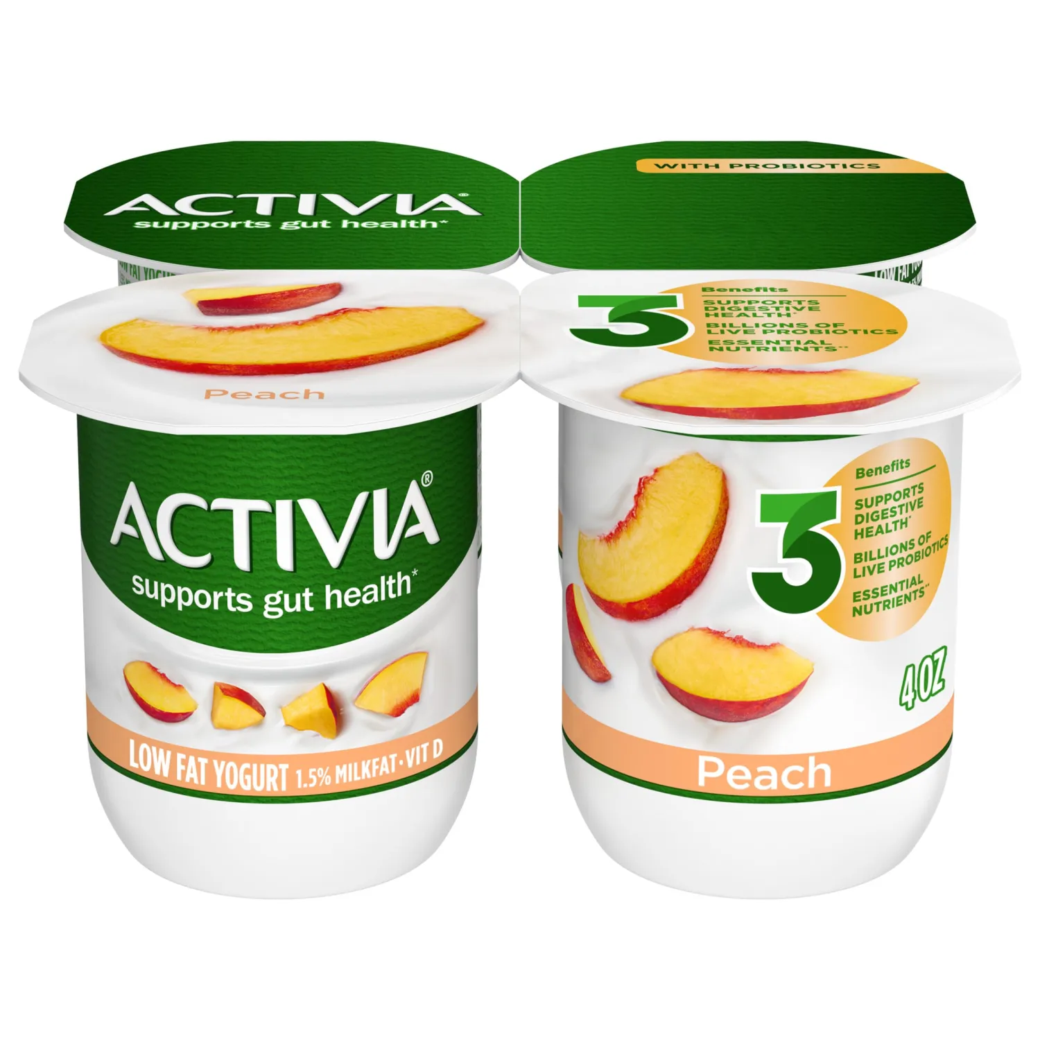 Activia Probiotic Lowfat Yogurt, Peach, Non-GMO Project Verified, 4 Oz, Pack of 4
