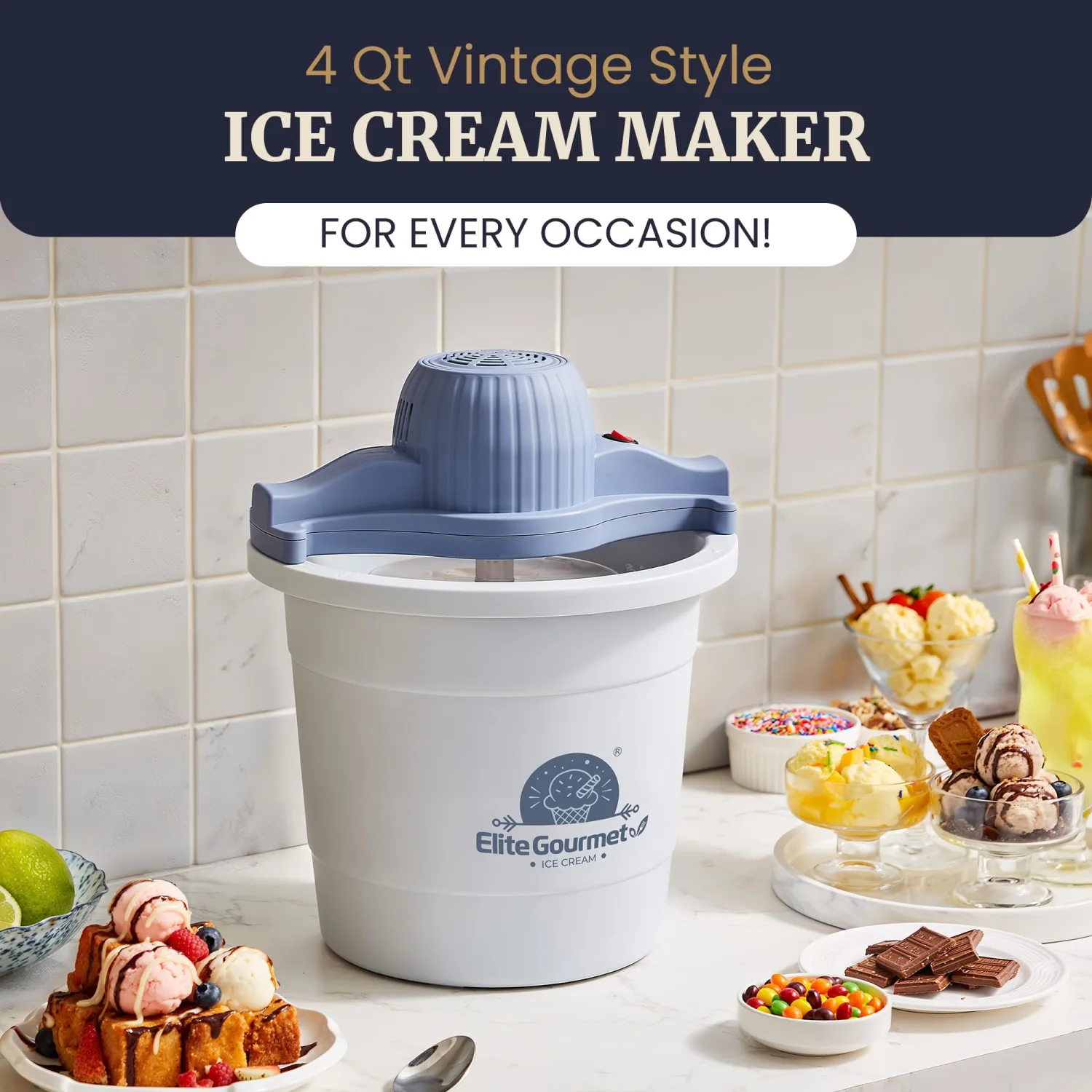 Elite Gourmet 4 Qt. Ice Cream Maker EIM350 Delicious Homemade Ice Cream, Gelato, Sorbet, Frozen Yogurt, Periwinkle