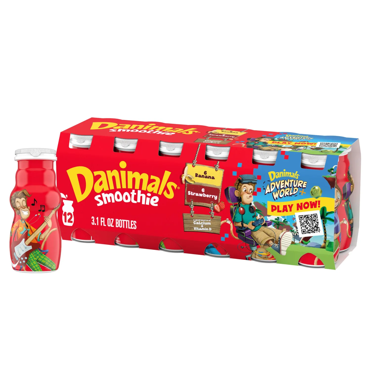 Danimals Smoothie Strawberry Explosion and Banana Split Dairy Drink Multi-Pack, Easy Snacks for Kids, 12 Ct, 3.1 OZ Smoothie Bottles