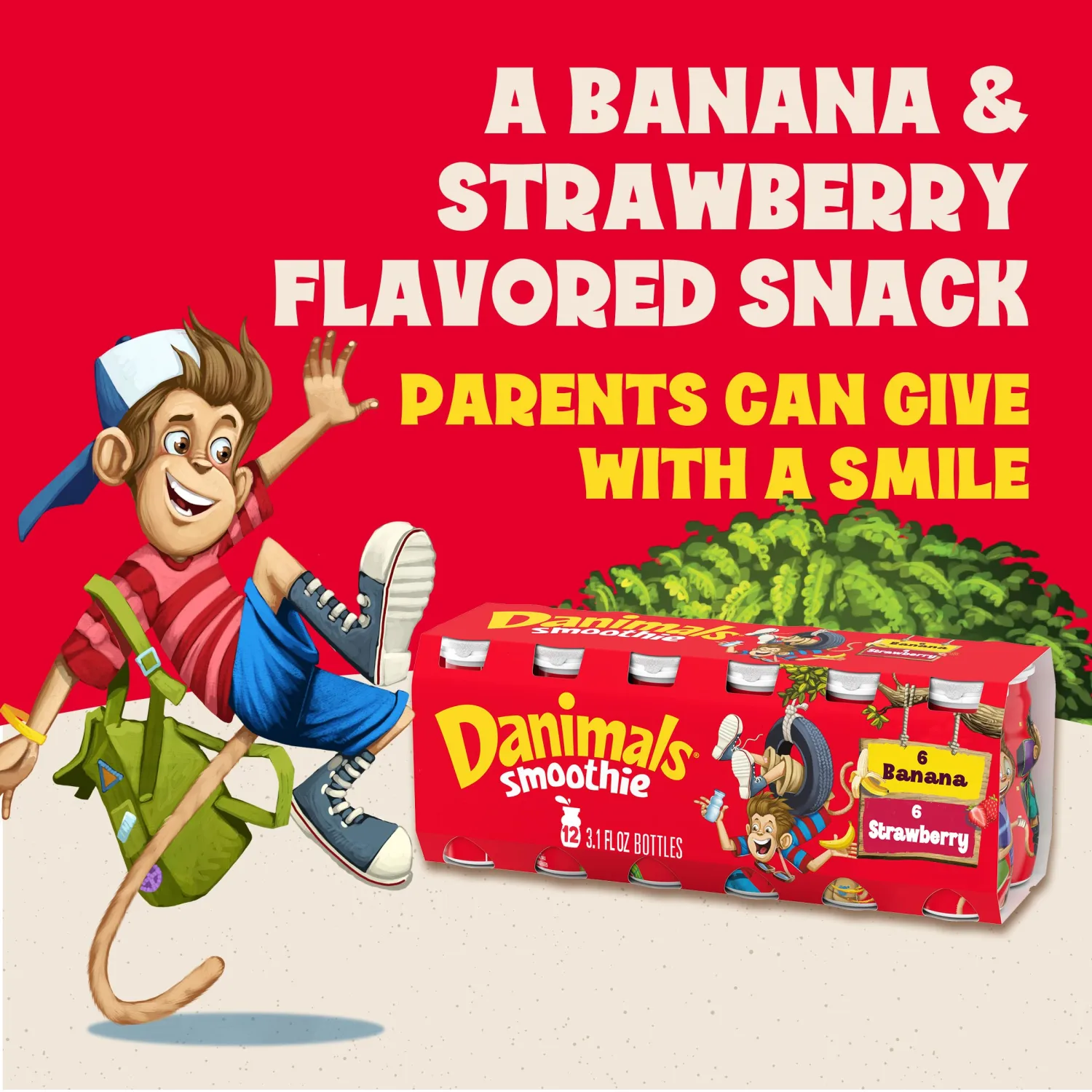 Danimals Smoothie Strawberry Explosion and Banana Split Dairy Drink Multi-Pack, Easy Snacks for Kids, 12 Ct, 3.1 OZ Smoothie Bottles