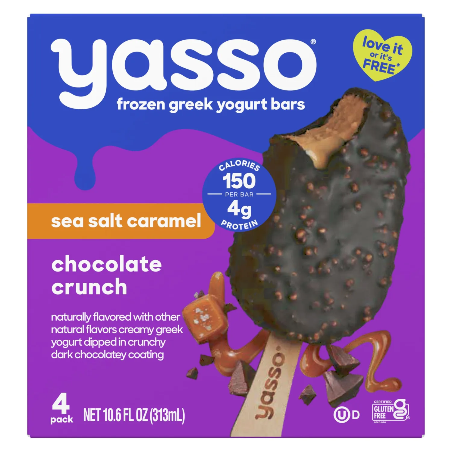 Yasso Frozen Greek Yogurt Bars Sea Salt Caramel Chocolate Crunch Bars 4 Count for a ridiculously creamy frozen snack made with the goodness of greek yogurt 2.65fl oz