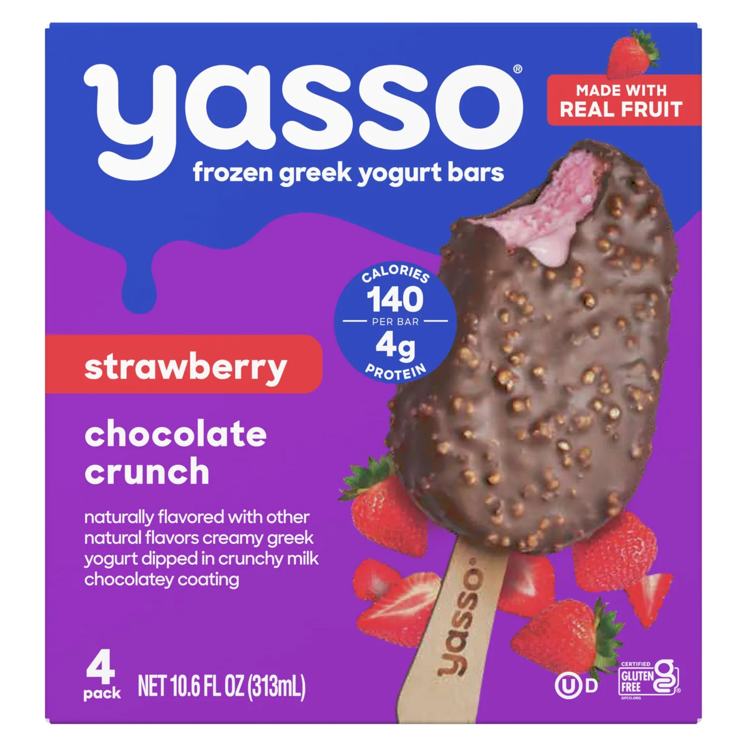 Yasso Frozen Greek Yogurt Bars Strawberry Chocolate Crunch Bars 4 Count for a ridiculously creamy frozen snack made with the goodness of greek yogurt 2.65fl oz