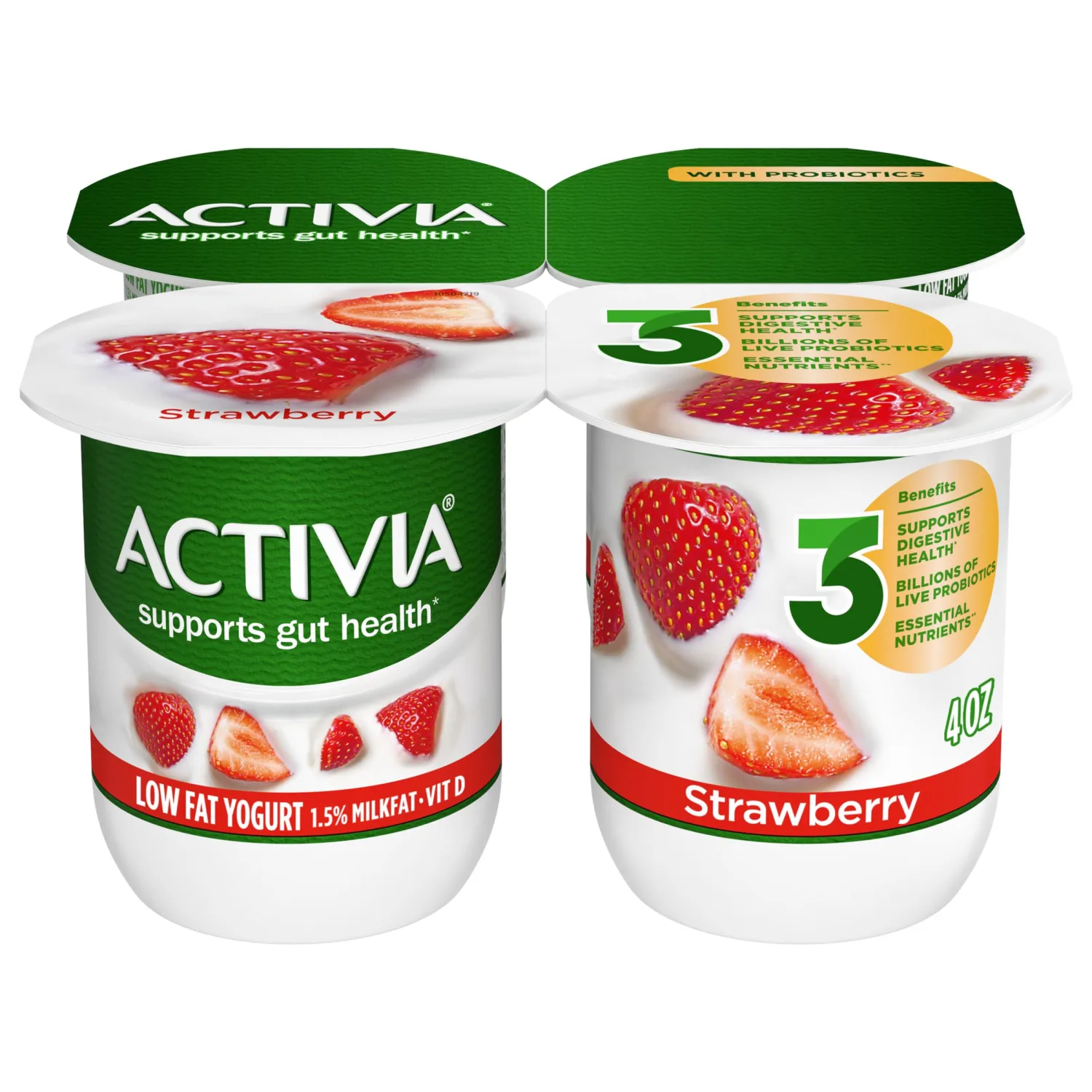ACTIVIA Probiotic Low fat Yogurt, Strawberry, Non-GMO Project Verified, Multi Pack, 4 Oz, 4 Count