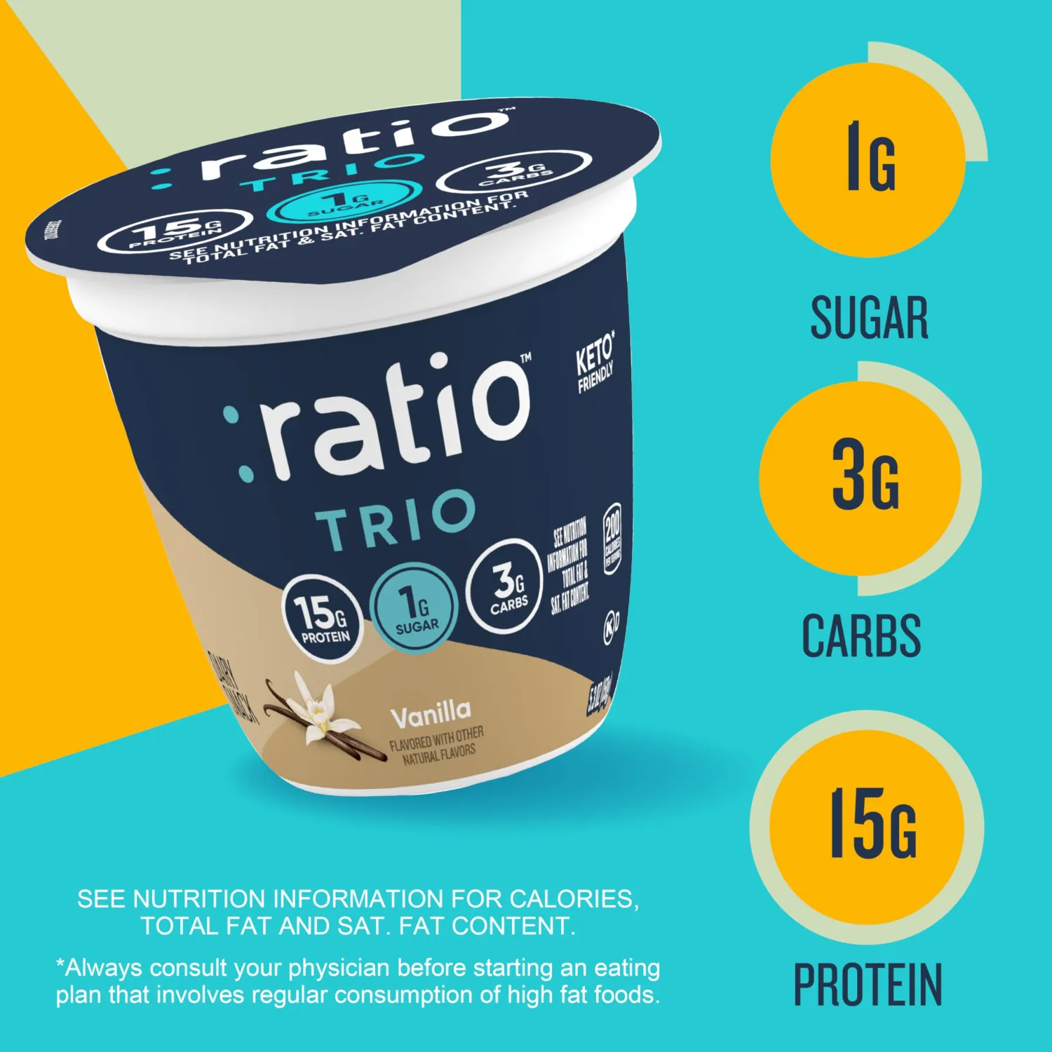 Ratio Trio Yogurt Cultured Dairy Snack, Vanilla, 1g Sugar, Keto Yogurt Alternative, 5.3 oz