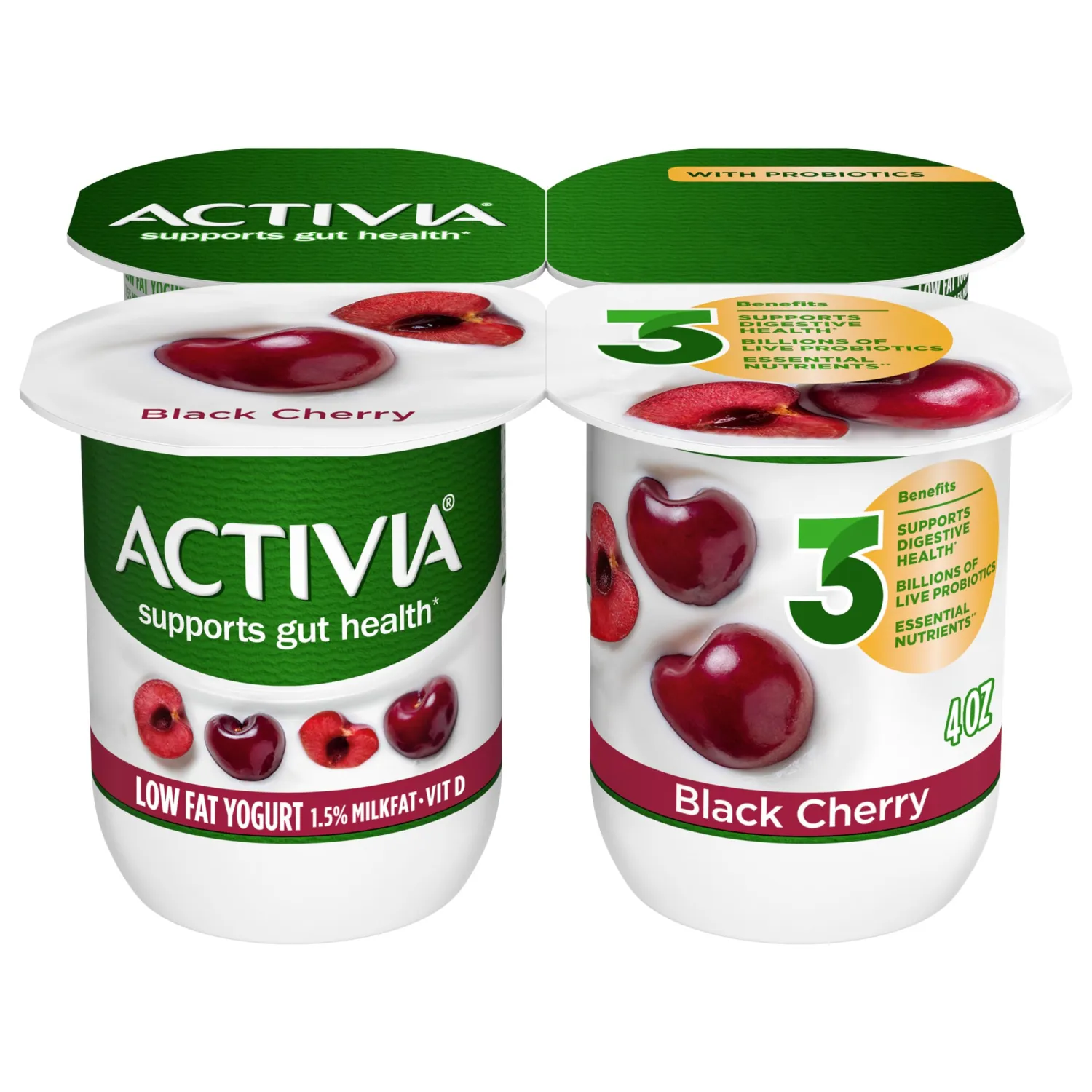 ACTIVIA Probiotic Lowfat Yogurt, Non-GMO Project Verified, Black Cherry, 16 Oz, Pack of 4