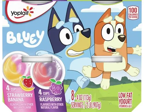 Yoplait Low Fat Kids Yogurt, Bluey Variety Pack, Gluten Free, 8 Yogurt Cups