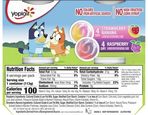 Yoplait Low Fat Kids Yogurt, Bluey Variety Pack, Gluten Free, 8 Yogurt Cups
