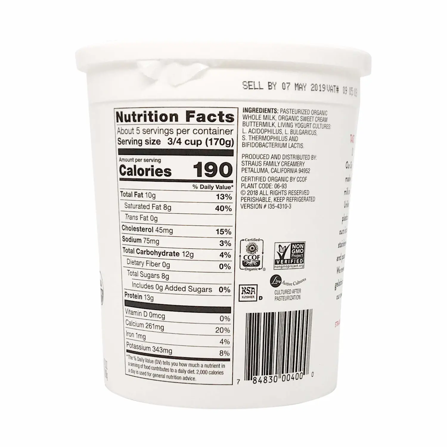 Straus Family Creamery Greek Yogurt, Plain, Organic, 32 oz