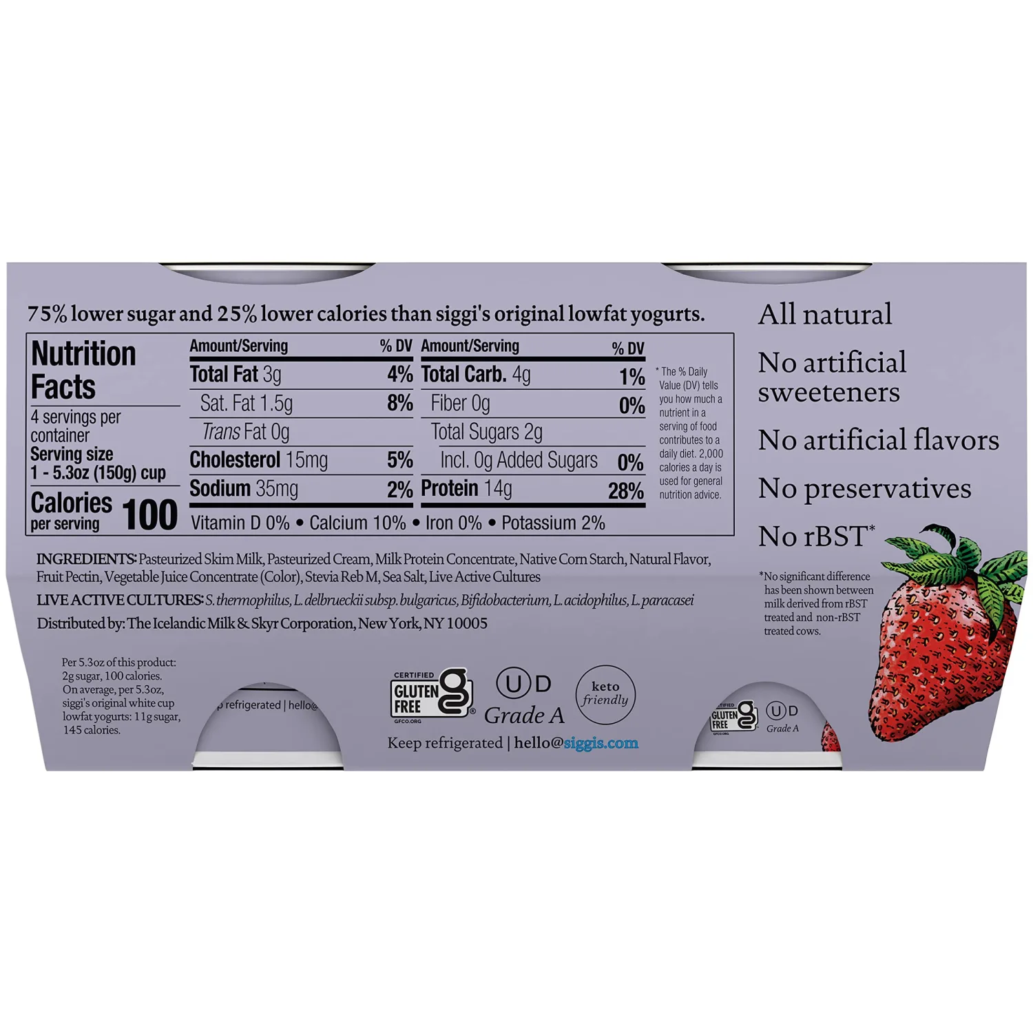 Siggi's, Lower Sugar Strawberry Yogurt 4 Count, 5.3 Ounce