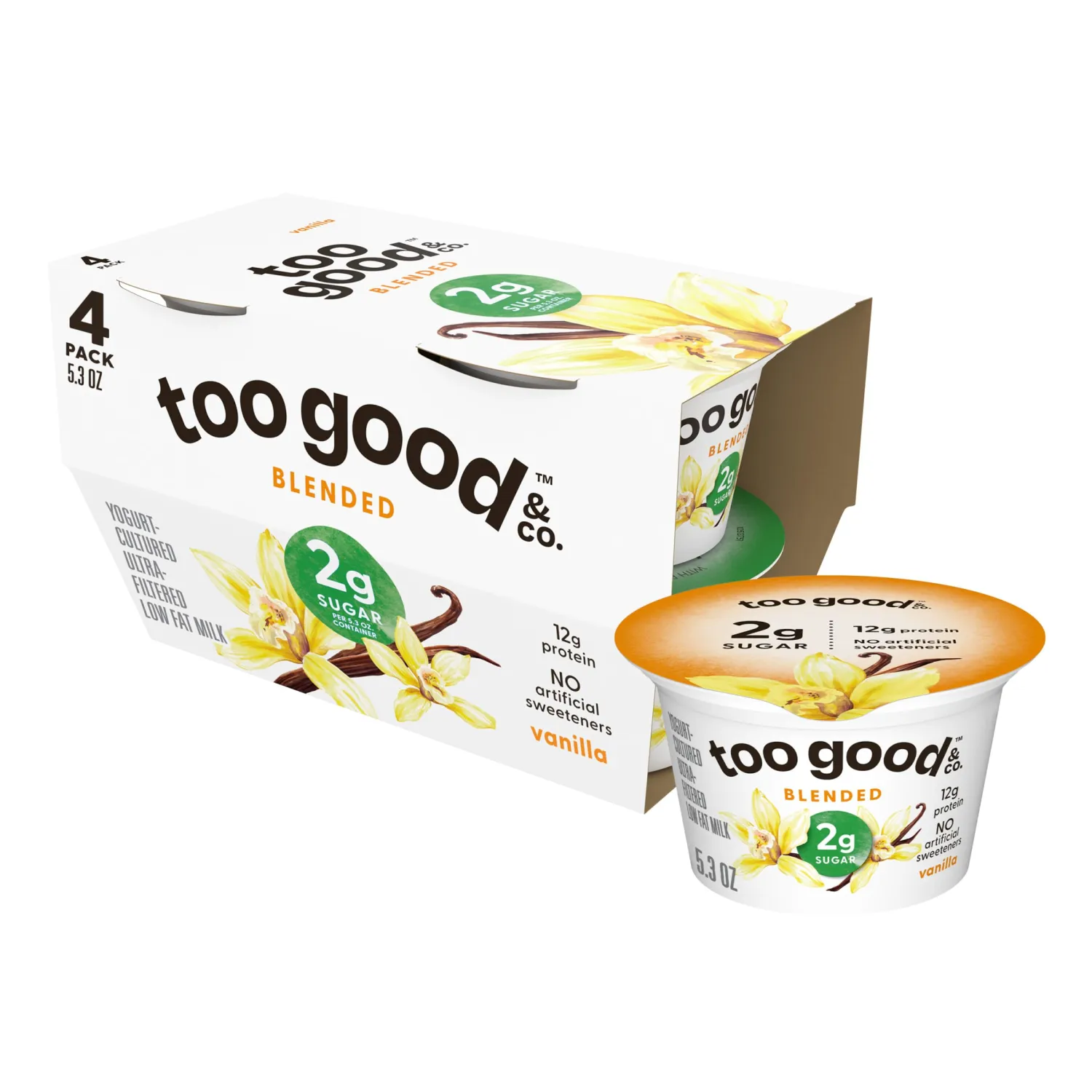 Two Good Low Fat Greek Yogurt, Vanilla, Lower Sugar, Gluten Free, With 2g of Sugar, 5.3 oz., 4 Pack