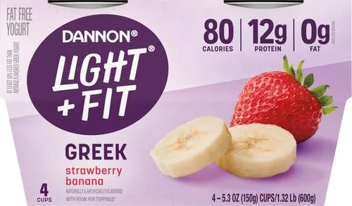 Dannon Light + Fit Strawberry Banana Greek Fat Free Yogurt, Creamy and Delicious Gluten Free Yogurt, 4 Ct, 5.3 OZ Yogurt Cups