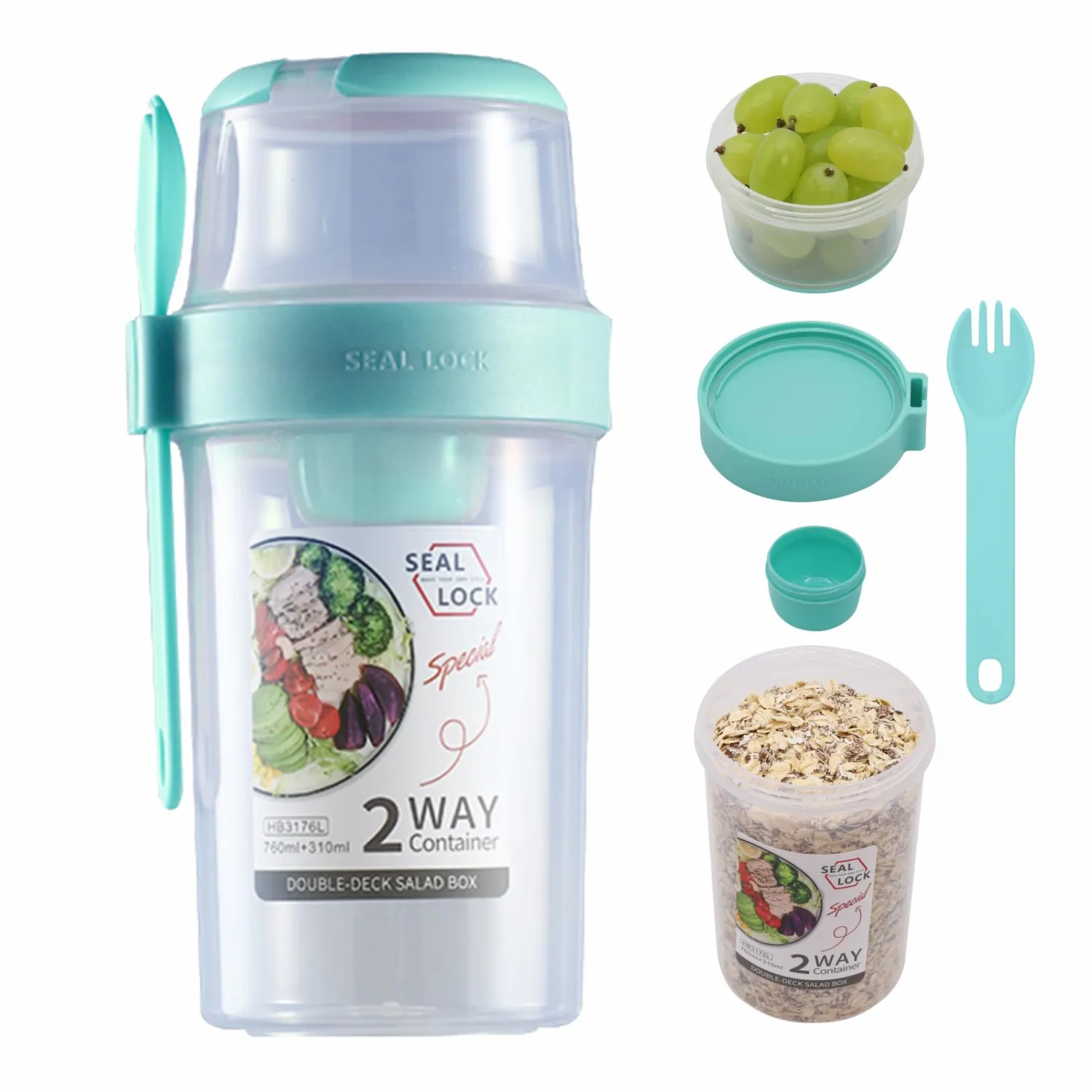 Breakfast On The Go Cups, Salad Cup To Go, Take And Go Yogurt Cereal Overnight Oats Snack Parfait Containers & Salad Dressing Holder With Fork For Lunch, Fruit & Vegetable Jar(Green,36.2oz)