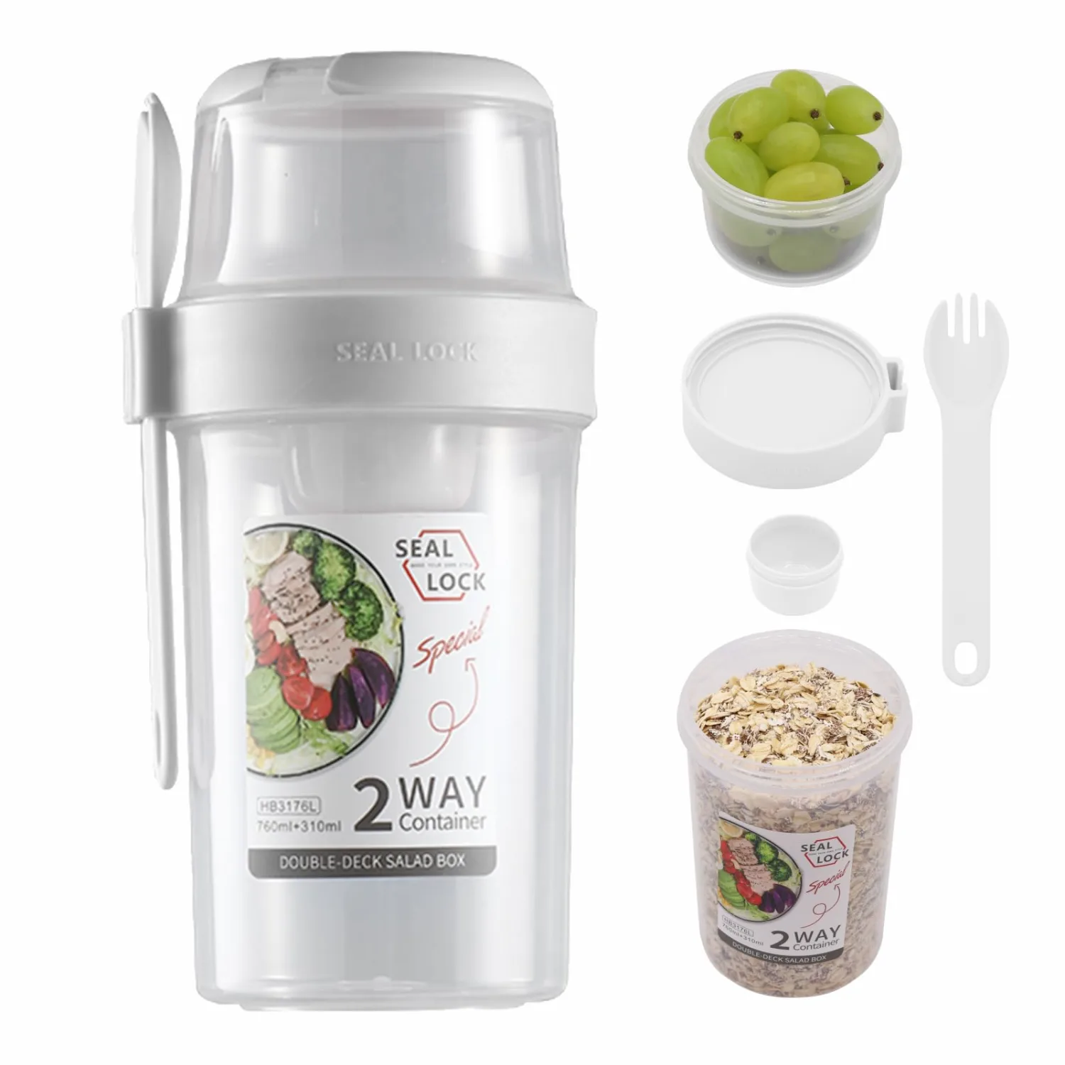 Breakfast On The Go Cups, Salad Cup To Go, Take And Go Yogurt Cereal Overnight Oats Snack Parfait Containers & Salad Dressing Holder With Fork For Lunch, Fruit & Vegetable Jar(White,36.2oz)