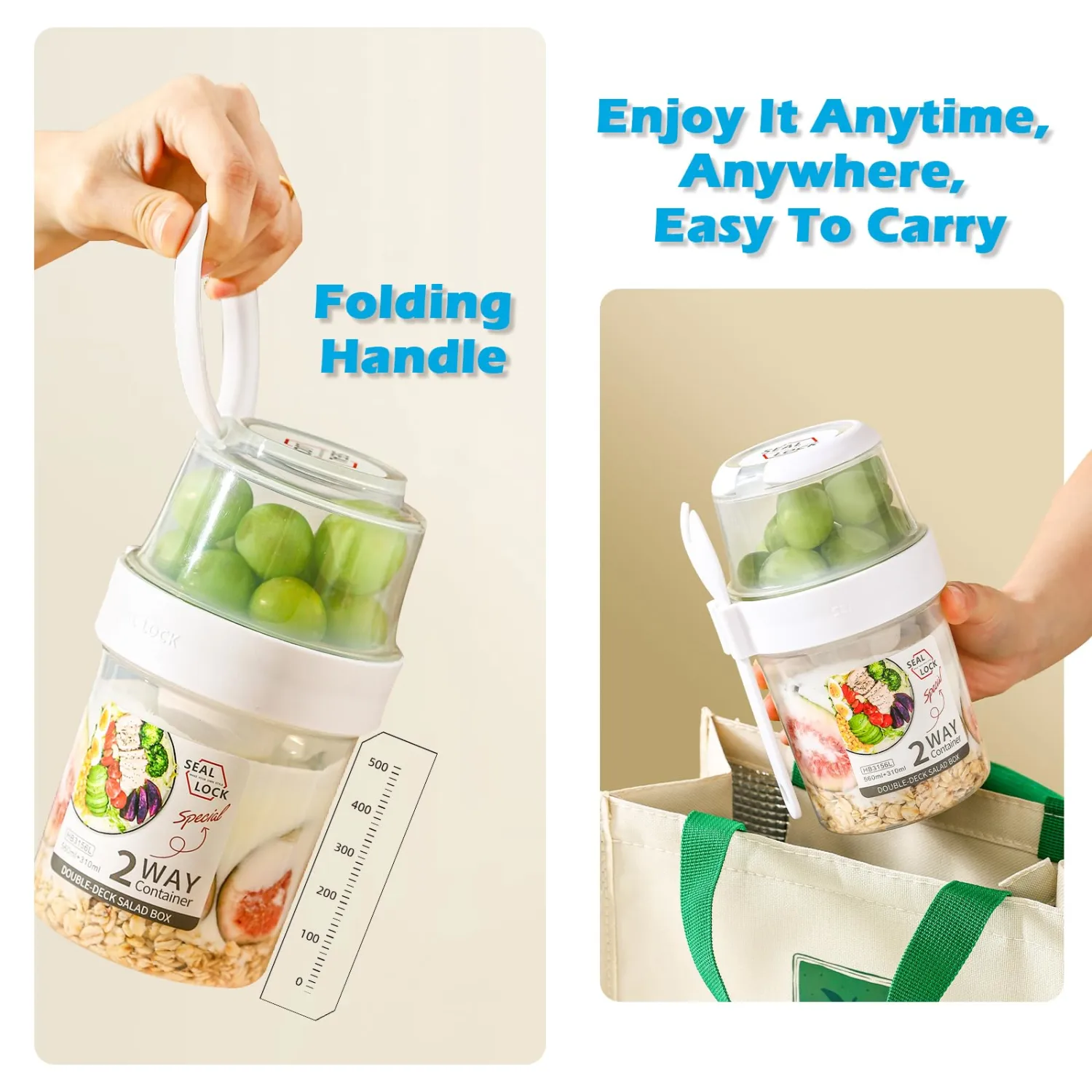 Breakfast On The Go Cups, Salad Cup To Go, Take And Go Yogurt Cereal Overnight Oats Snack Parfait Containers & Salad Dressing Holder With Fork For Lunch, Fruit & Vegetable Jar(White,36.2oz)