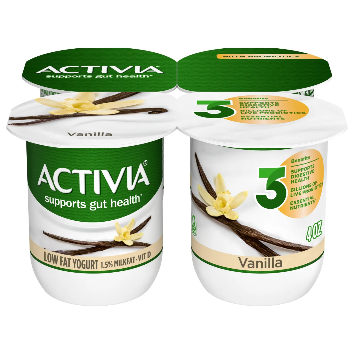 DANNON Activia Probiotic Low fat Yogurt, Vanilla, Non-GMO Project Verified, Multi Pack , 4 Oz, Pack of 4