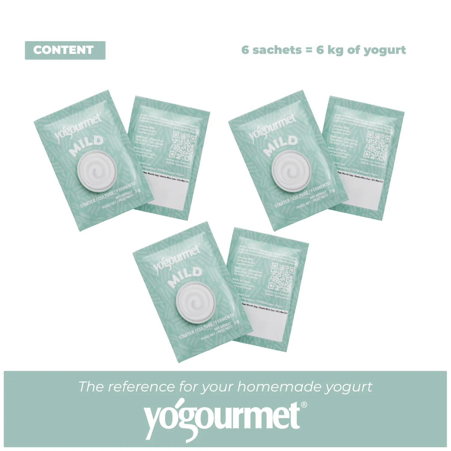 Yogourmet Mild Yogurt Starter (6 Pack = 6 Quarts of Yogurt) - Make Yogurt at Home - Starter Culture - All Natural, Gluten Free, Kosher, Halal - 3 g Sachets