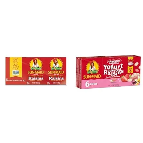 Sun-Maid Raisin Snack Pack – Strawberry Vanilla Yogurt & Classic California Sun-Dried Raisins – (6 Pack) 1 oz Boxes – Naturally Sweet & Fun Snacks for All Ages