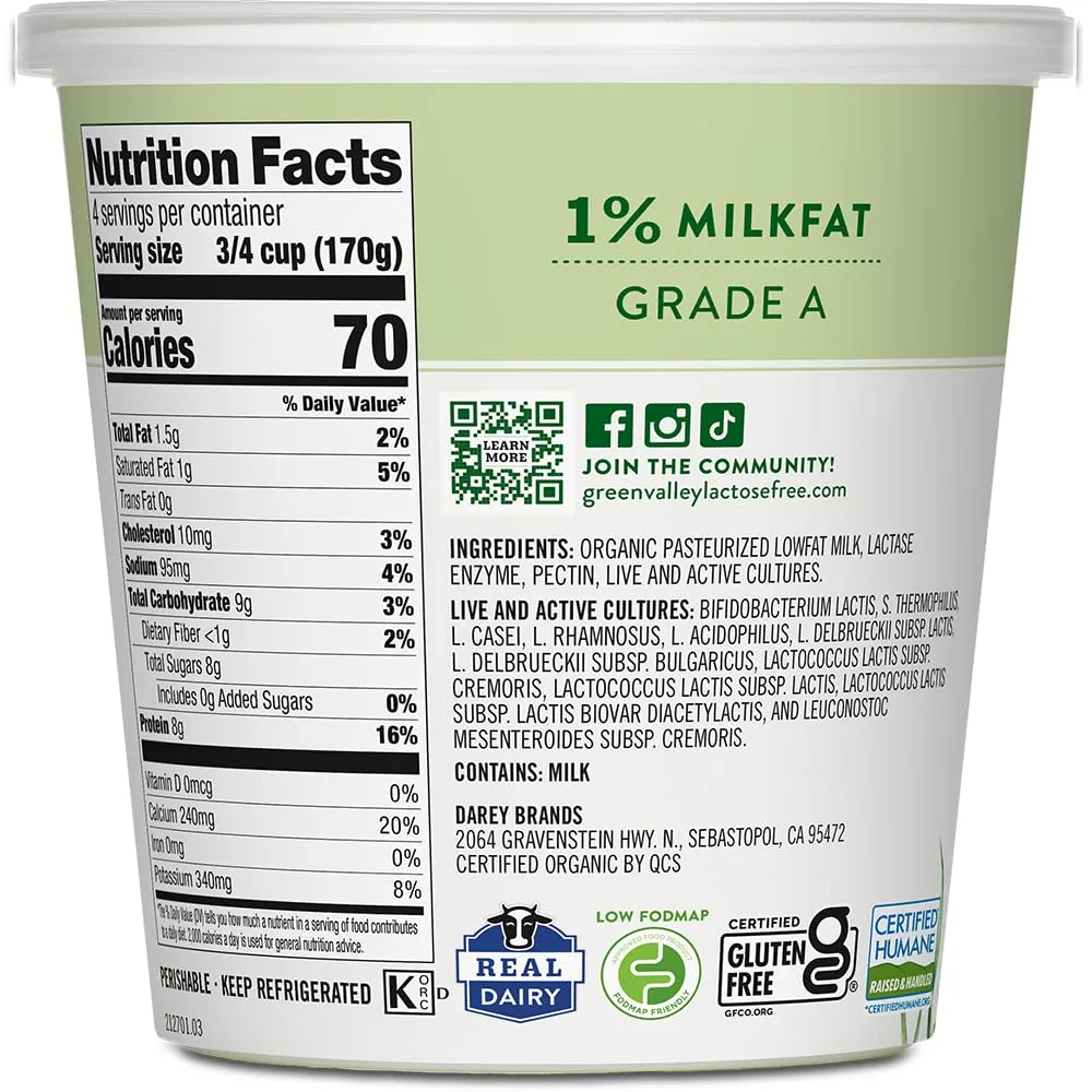Green Valley Lactose Free Organic Lowfat Plain Yogurt, 24 Ounce