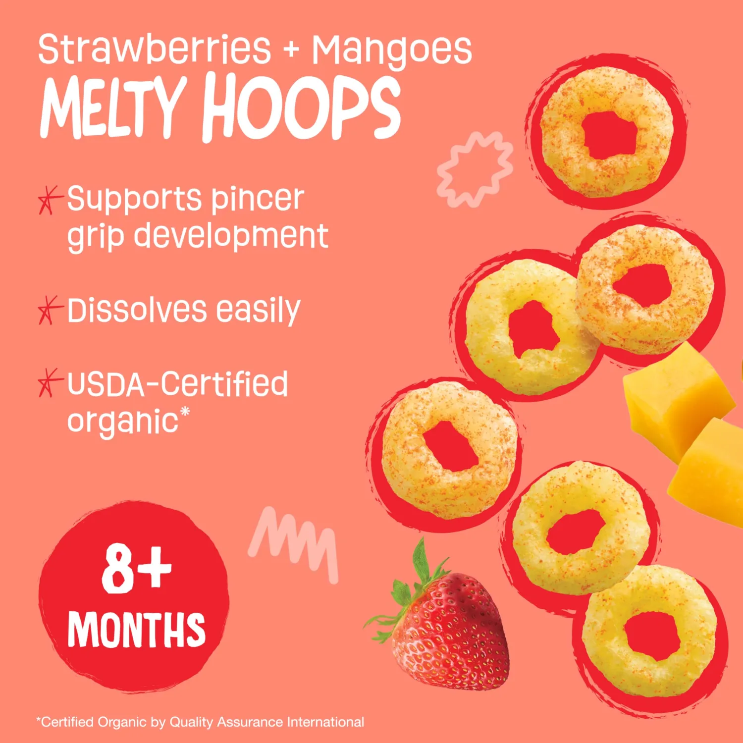 Earth's Best Organic Melty Hoops, Bite-Sized Snacks for Babies 8 Months and Up, Strawberry and Mango, 0.32 Ounce Individual Bags (Pack of 4)
