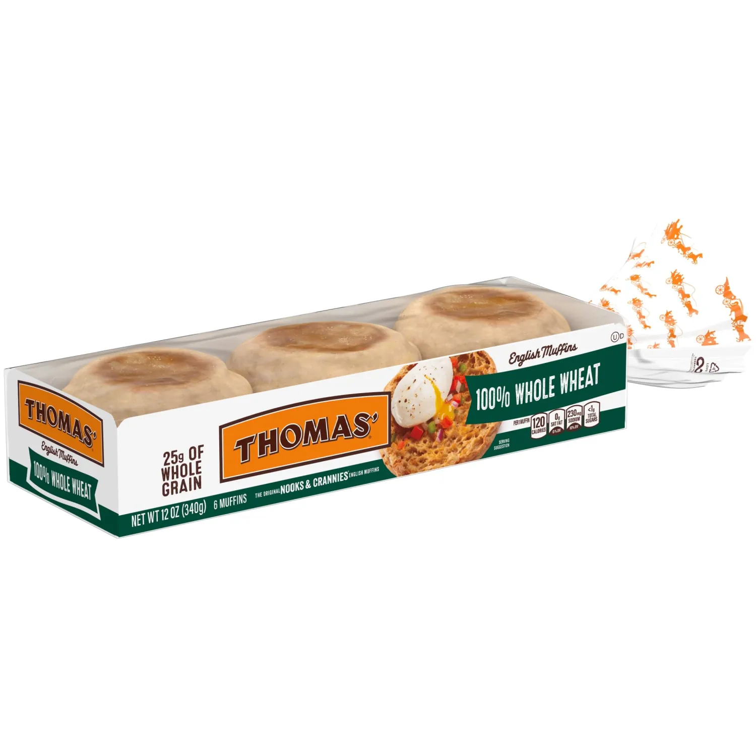 Thomas’ 100% Whole Wheat English Muffins, 6 Count, 12 Oz Package of English Muffins