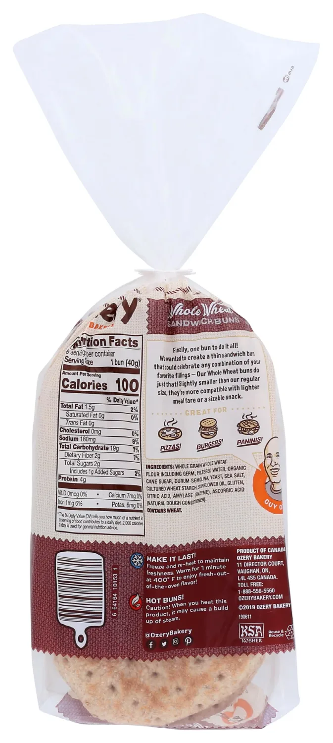 Ozery Bakery, Bun Whole Wheat Sandwich 100 Calorie, 11.3 Ounce (Frozen)
