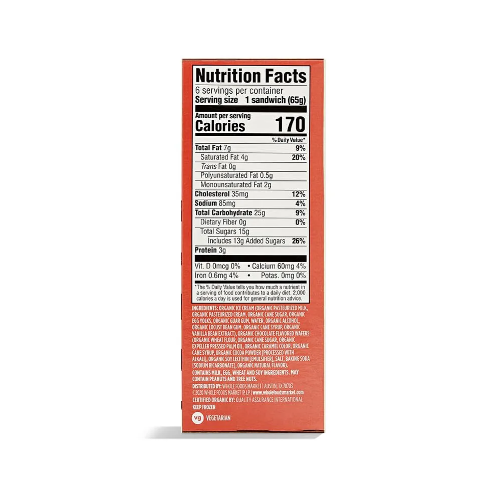 365 by Whole Foods Market, Ice Cream Sandwiches Organic 6 Count, 21.9 Fl Oz