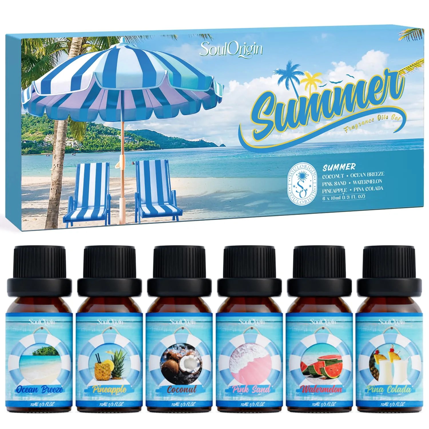 Summer Essential Oils Set, Fragrance Oil Gift Set for Oil Diffusers, Scented Oils for Soap Candle Making 6x10ml - Sea Breeze, Pineapple, Watermelon, Coconut, Pink Beach, and Pina Colada