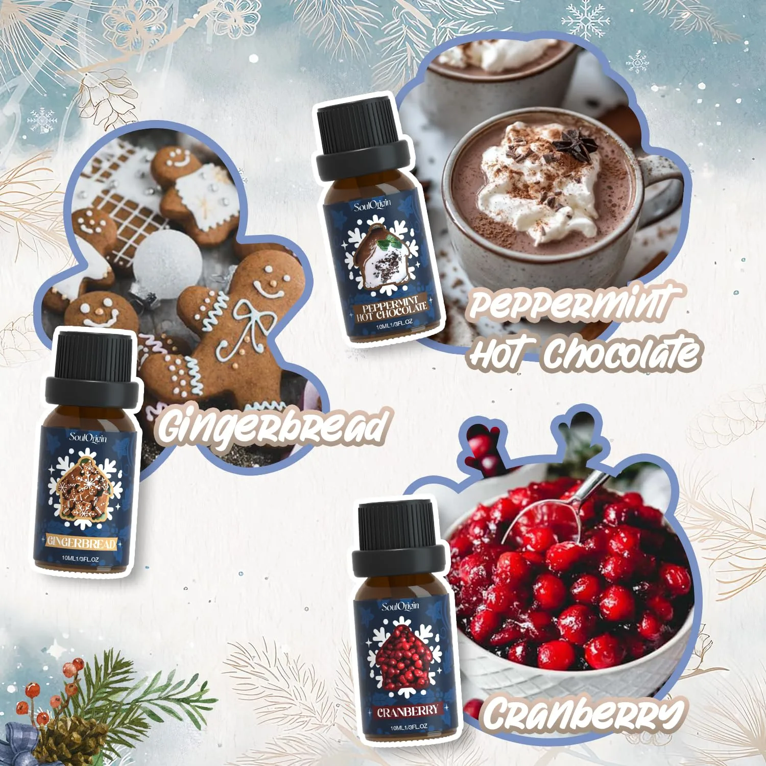 Winter Essential Oils Set, Fragrance Oil Gift Set for Oil Diffusers, Scented Oils for Soap 6x10ml - Forest Pine, Spiced Apple Cider, Cinnamon, Mint Hot Chocolate, Gingerbread, and Cranberry