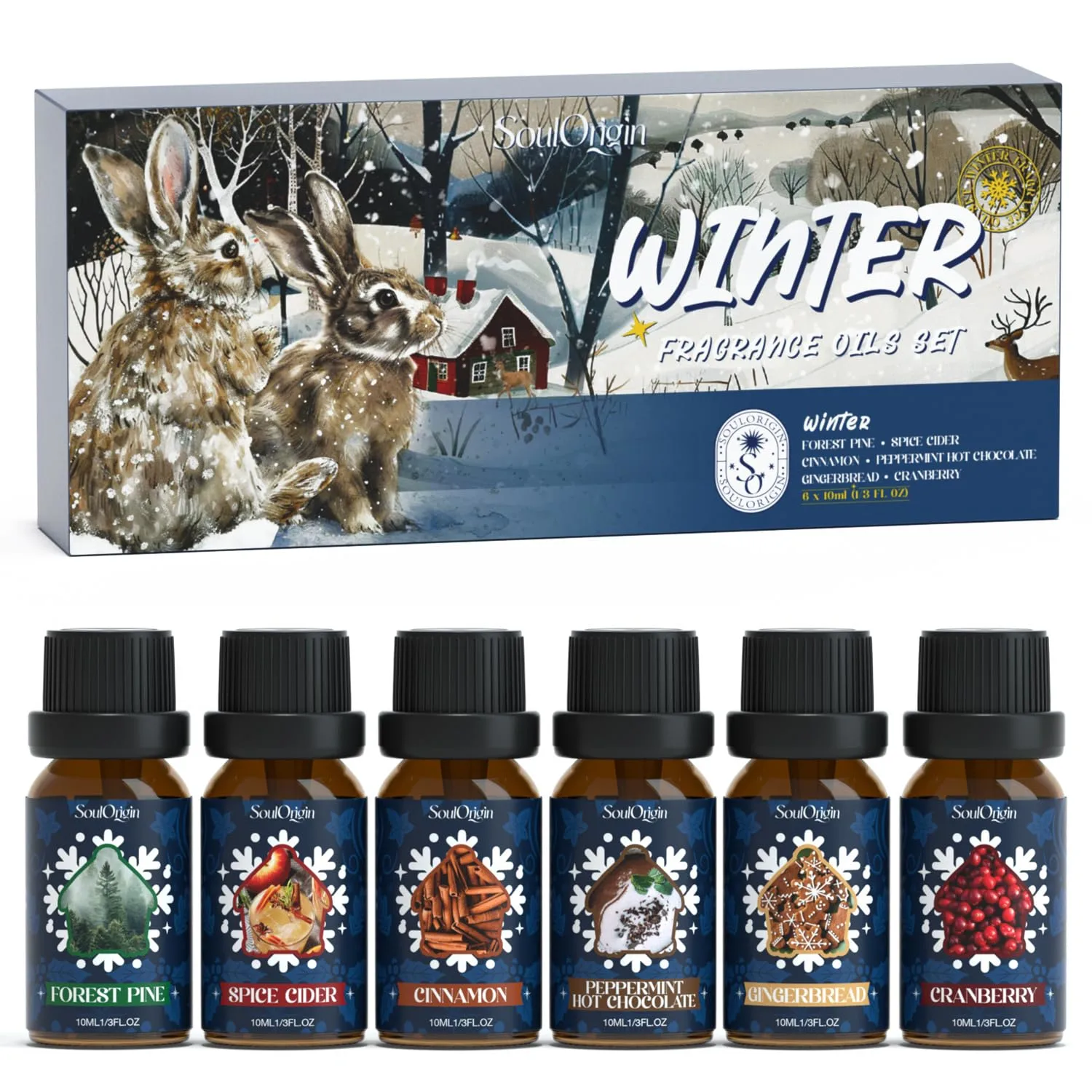 Winter Essential Oils Set, Fragrance Oil Gift Set for Oil Diffusers, Scented Oils for Soap 6x10ml - Forest Pine, Spiced Apple Cider, Cinnamon, Mint Hot Chocolate, Gingerbread, and Cranberry