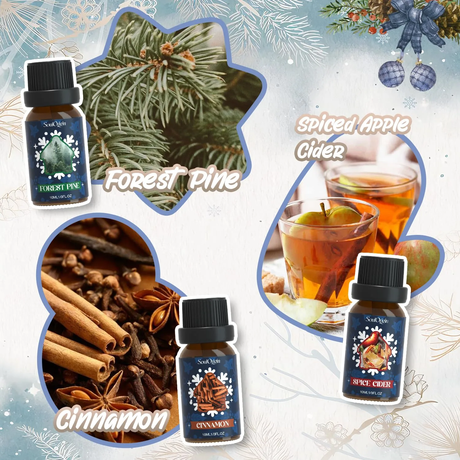 Winter Essential Oils Set, Fragrance Oil Gift Set for Oil Diffusers, Scented Oils for Soap 6x10ml - Forest Pine, Spiced Apple Cider, Cinnamon, Mint Hot Chocolate, Gingerbread, and Cranberry