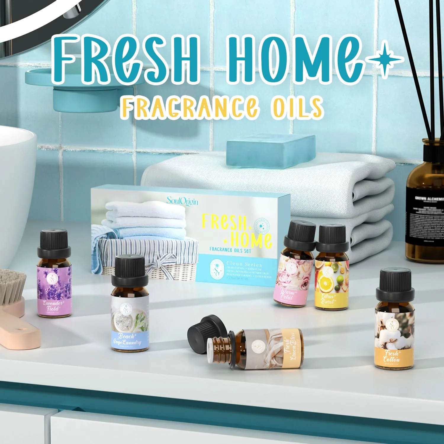Clean Essential Oils Set, SoulOrigin Fragrance Oil Gift Set for Oil Diffusers, Scented Oils 6x10ml - Beach Sage Laundry Detergent, Citrus Burst, Lavender Fields, Fresh Linen, Warm Petals, Fresh Cotton