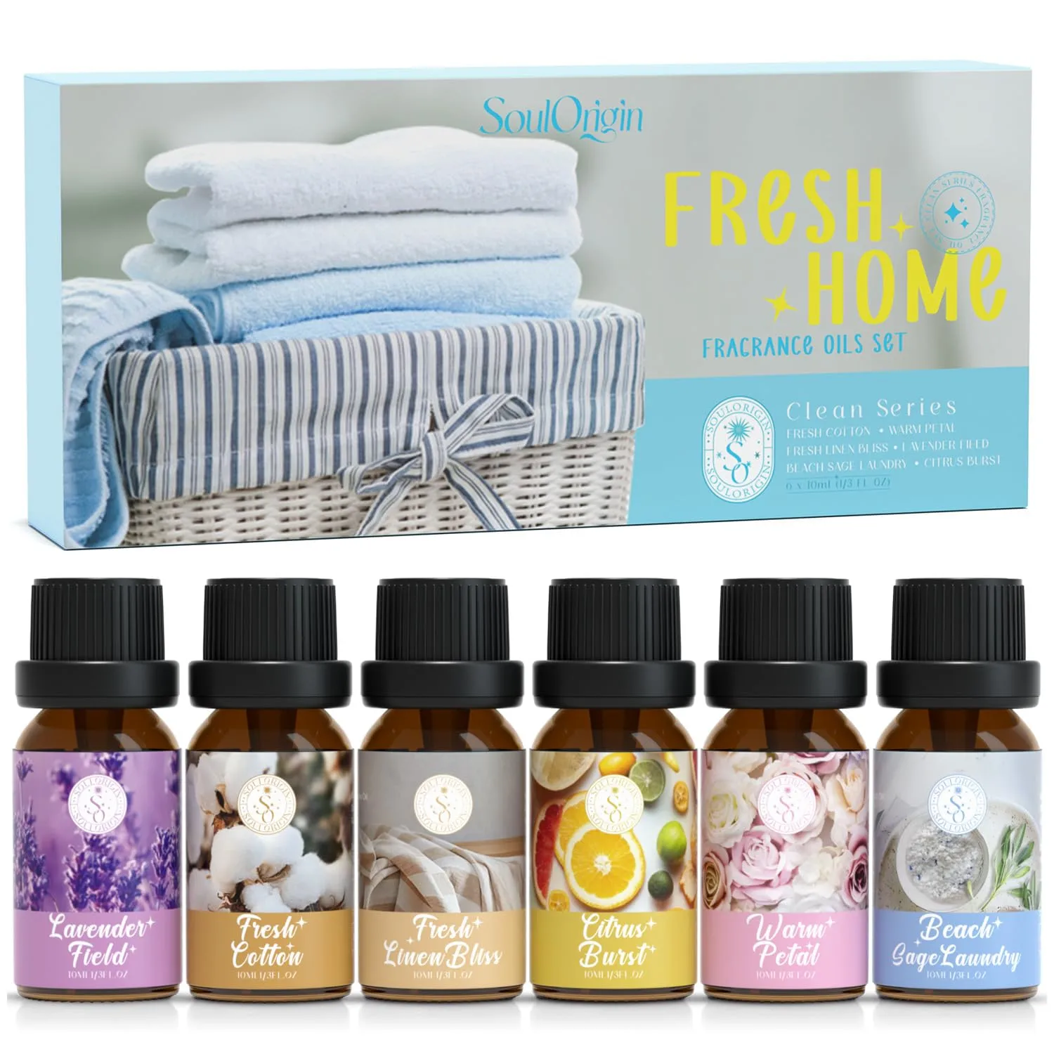 Clean Essential Oils Set, SoulOrigin Fragrance Oil Gift Set for Oil Diffusers, Scented Oils 6x10ml - Beach Sage Laundry Detergent, Citrus Burst, Lavender Fields, Fresh Linen, Warm Petals, Fresh Cotton