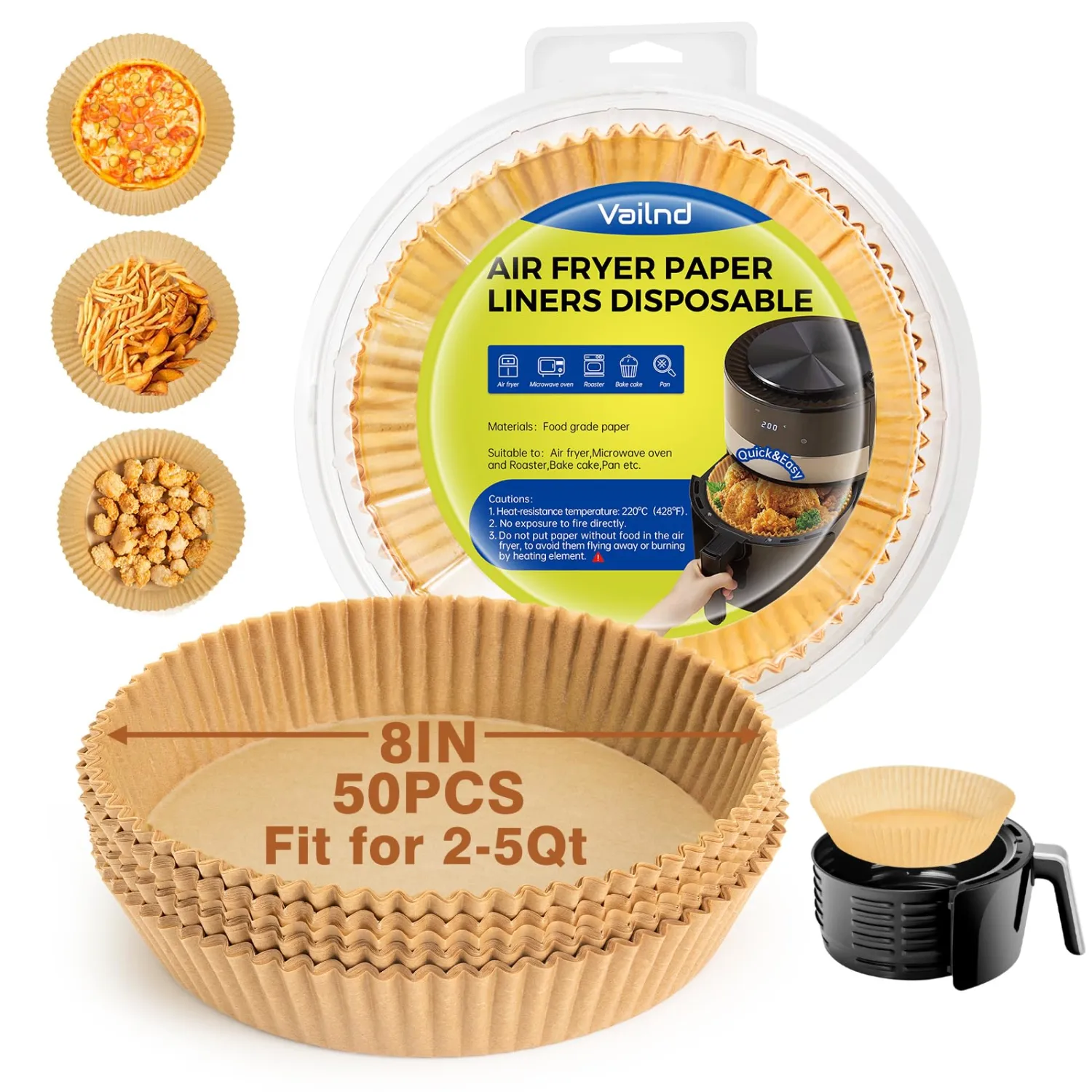 Air Fryer Paper Liners Disposable - 50pcs 8 Inch Parchment Sheets Round, Oil Proof Airfryer Paper Basket Bowl Liner for Baking Cooking Food (Bottom Side 6.5")