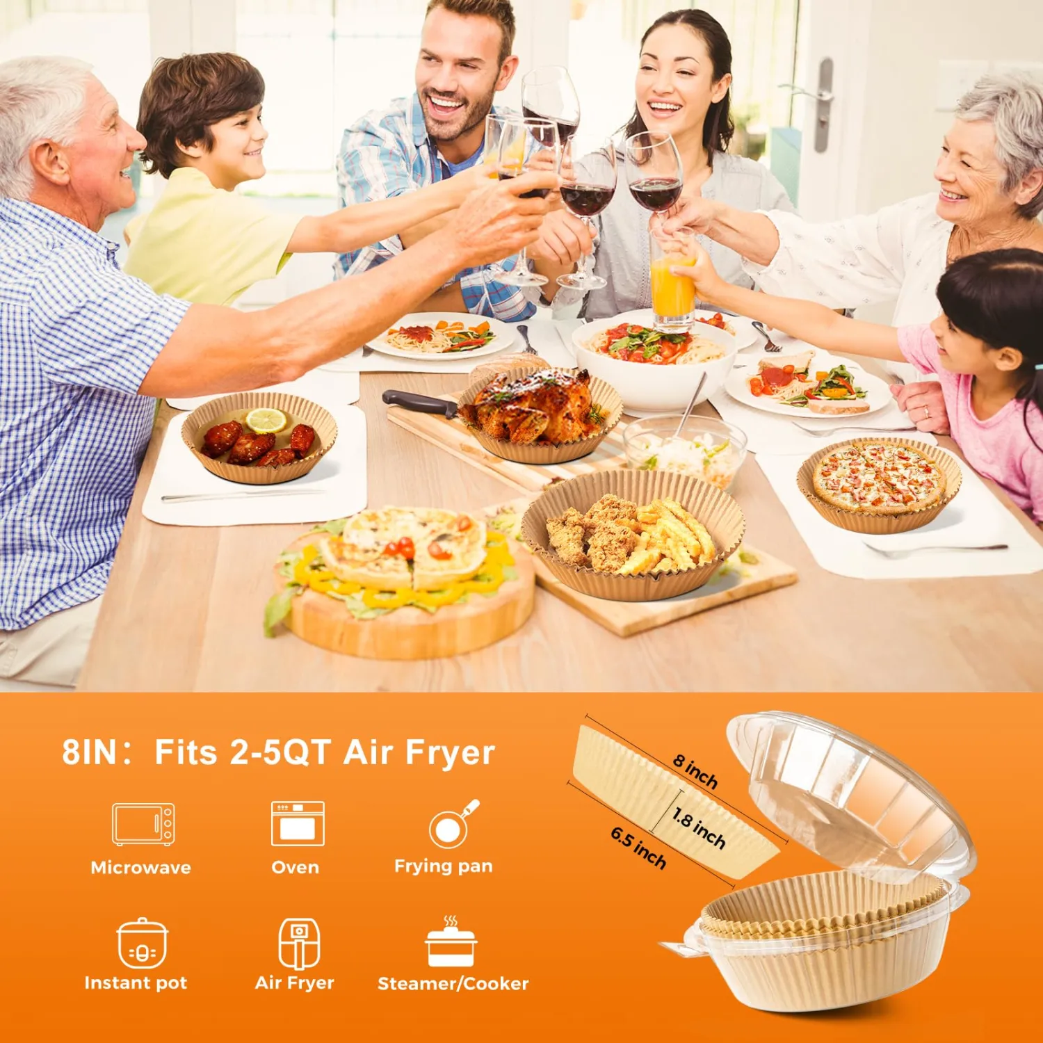 Air Fryer Paper Liners Disposable - 50pcs 8 Inch Parchment Sheets Round, Oil Proof Airfryer Paper Basket Bowl Liner for Baking Cooking Food (Bottom Side 6.5")