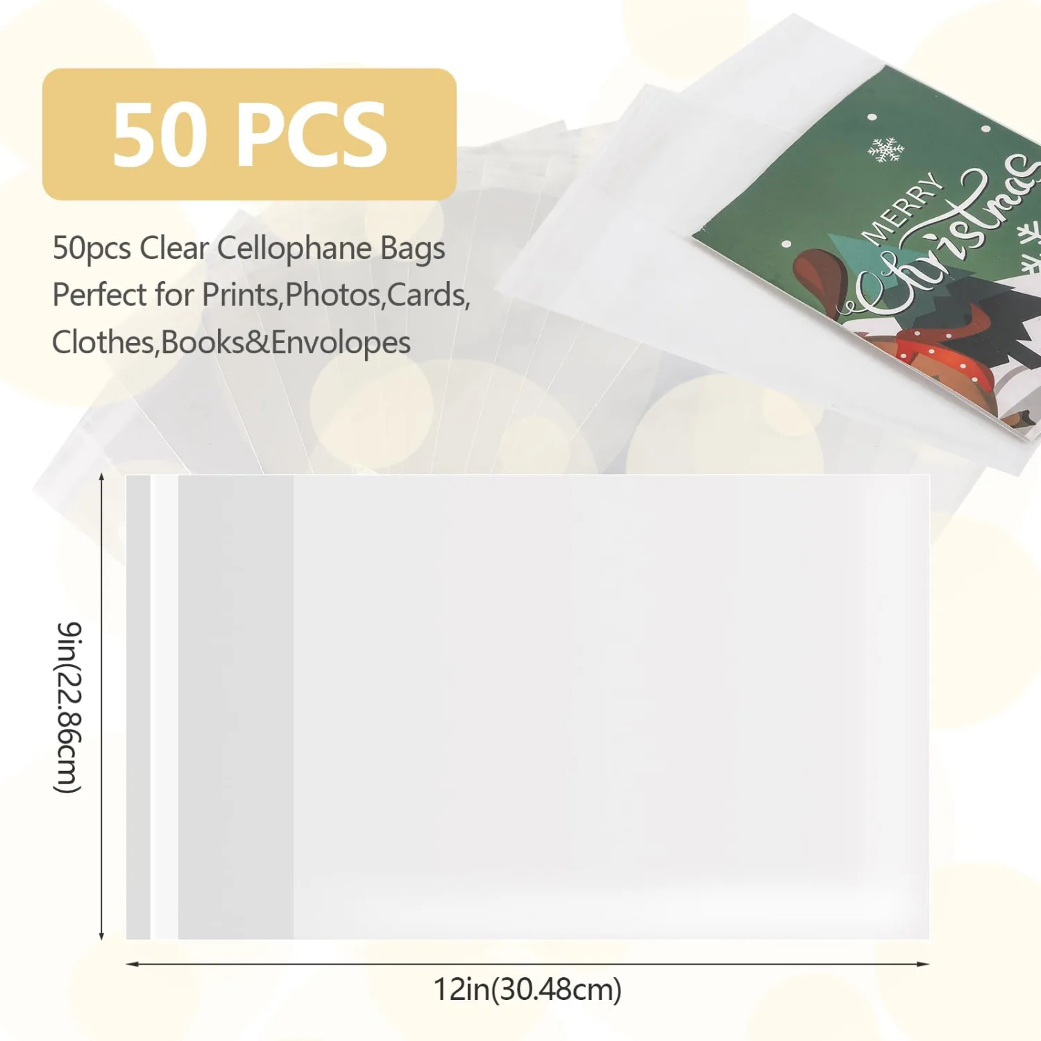 50 Pieces 9X12 In Self Sealing Cellophane Bags Clear Plastic Bags 1.4 mils Self Adhensive Resealable Cello Goodie Bags,Small Business Packaging Supplies for Clothing, T Shirts,Gift