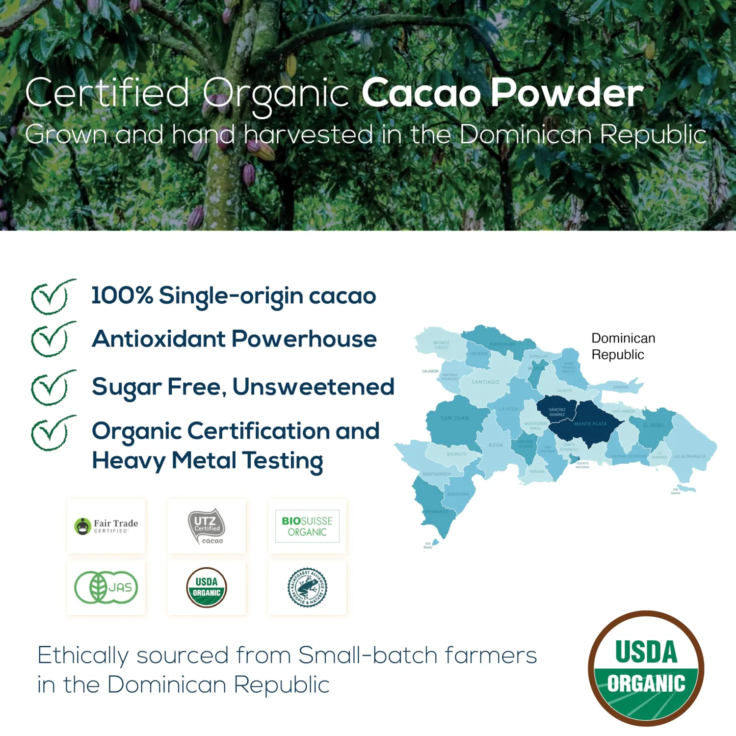 One Farm by WAAYB Organic Cacao, Single Estate, Non-GMO, Fair-Trade, Vegan, Gluten Free, 100% Raw Rizek Cacao in Resealable Bag for Cooking, Smoothies, Lattes & Baking (2.6 oz Jar, Powder)