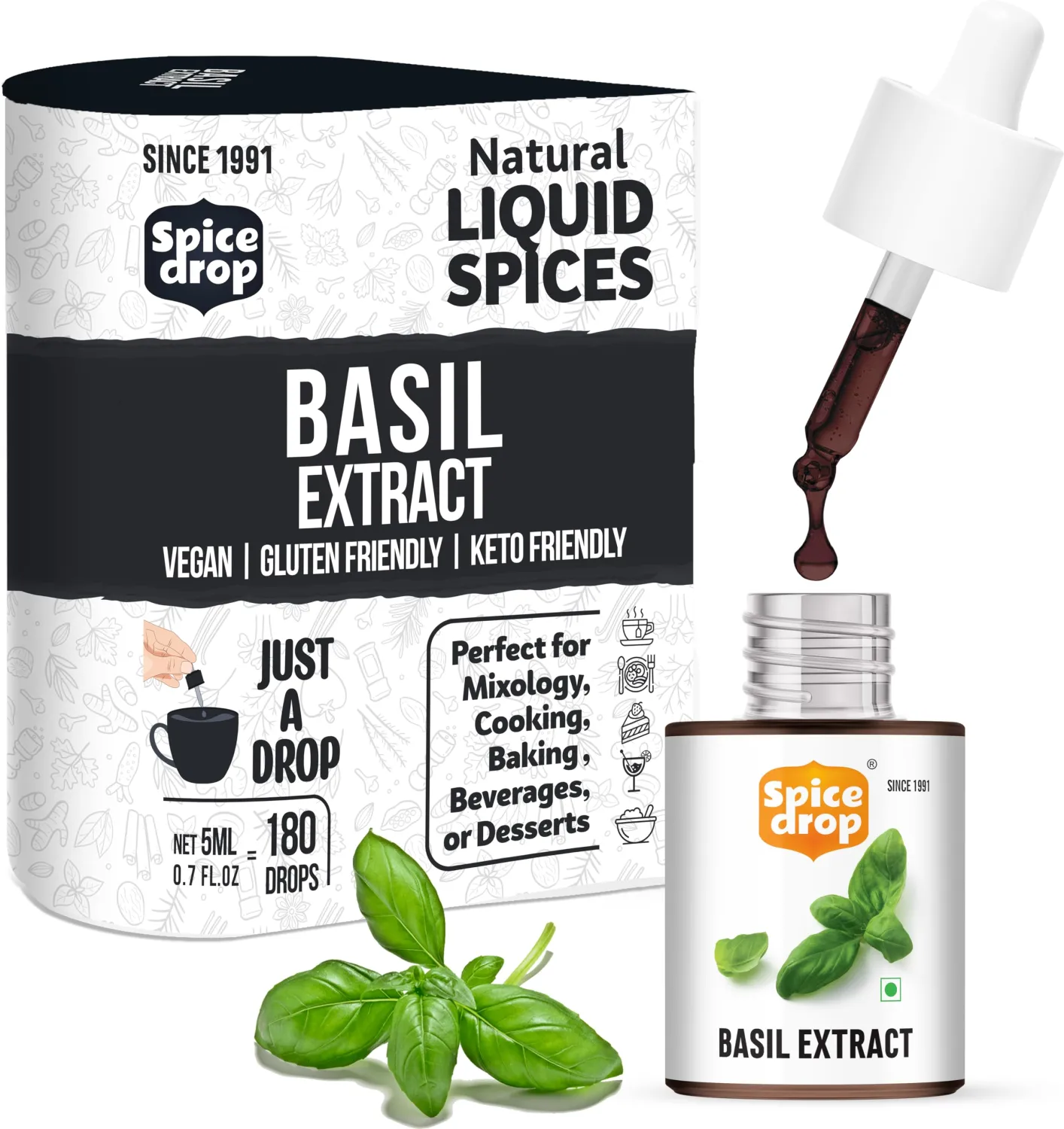 Spice Drop Basil Extract | 100% Natural | For Soup, Pasta, Pizza, Spaghetti, Gourmet Dishes | 0.17oz (180 drops) | Natural Herb Extract | Authentic Flavor | Vegan | Keto & Paleo Friendly | Non-GMO | Squeeze, Drop And Stir