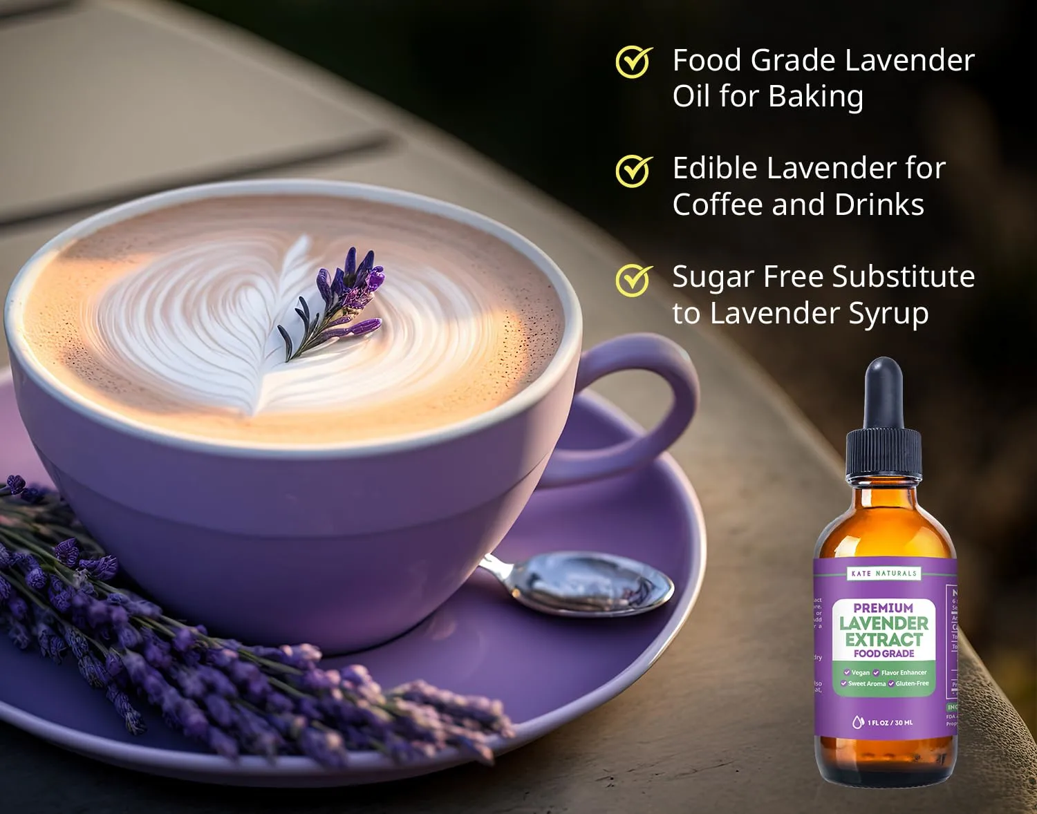 Kate Naturals Lavender Extract for Baking, Drinks, Coffee, Lattes. Food Grade Lavender Oil Flavoring for Cooking (1oz, Sugar Free)