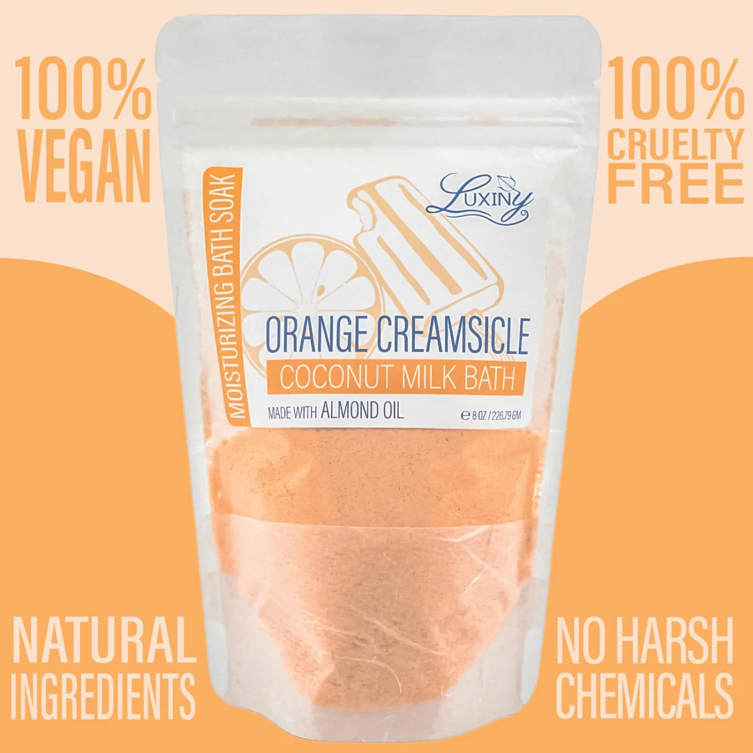Vegan Milk Bath Soak Made with Moisturizing Coconut Milk Powder & Sweet Almond Oil for a Bath Bomb Dust Soothing Fizz & Relaxing Soak, 8 oz. (Orange Creamsicle)