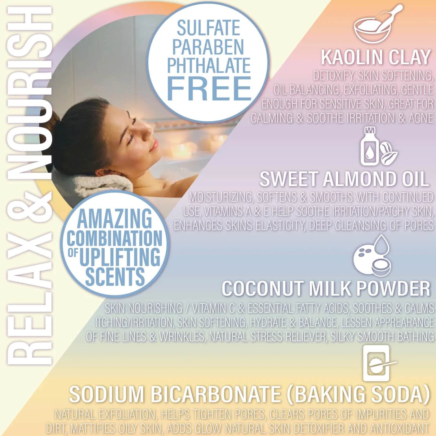 Vegan Milk Bath Soak Made with Coconut Milk Powder & Sweet Almond Oil Which Creates A Bath Bomb Dust Soothing Fizz, 8oz (Rainbow)