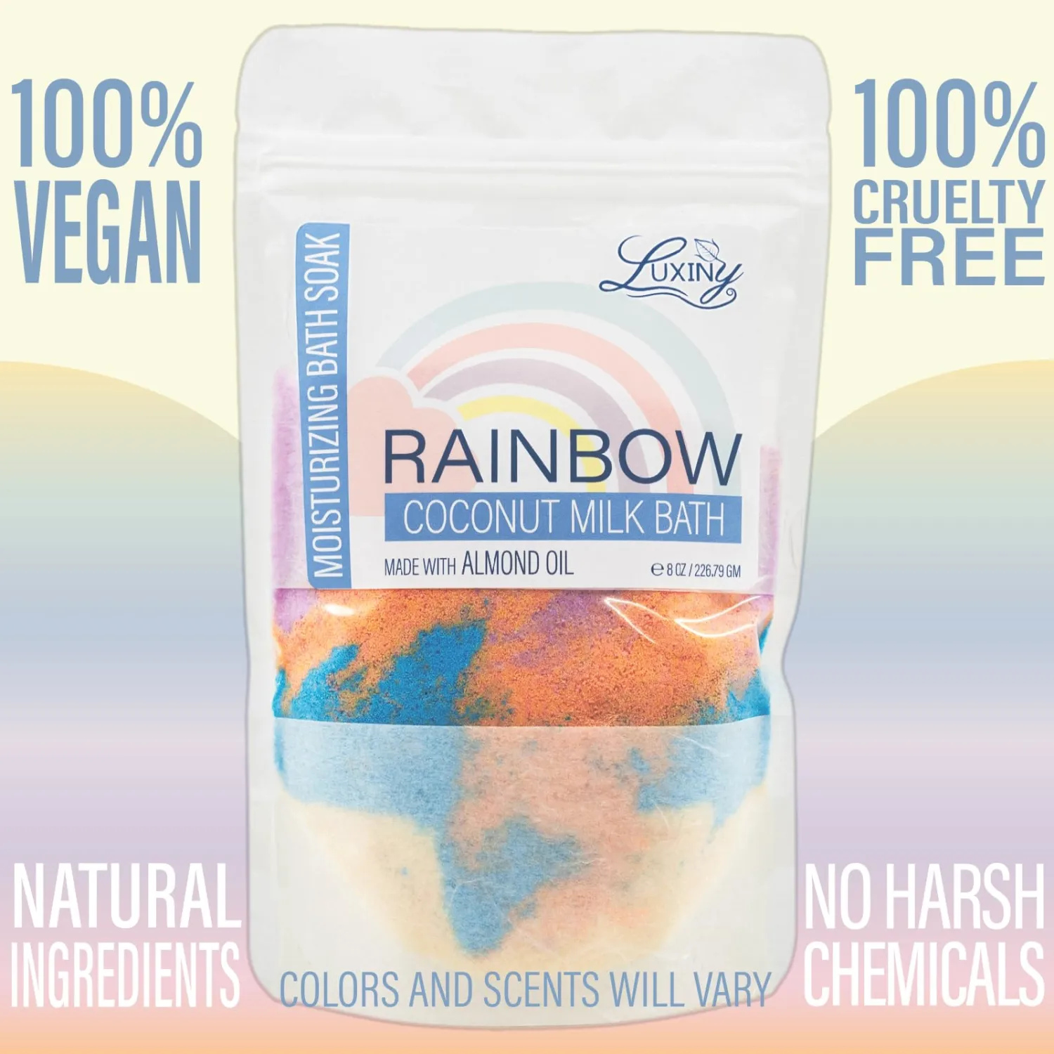 Vegan Milk Bath Soak Made with Coconut Milk Powder & Sweet Almond Oil Which Creates A Bath Bomb Dust Soothing Fizz, 8oz (Rainbow)