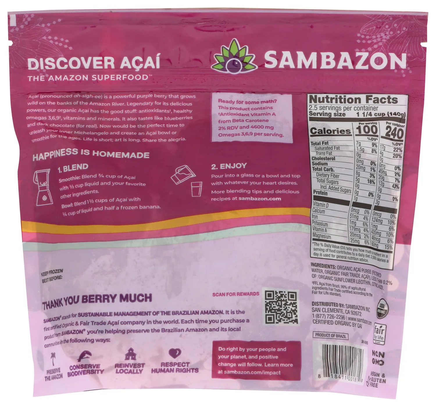SAMBAZON Organic Unsweetened Acai Berry Puree Smoothie Cubes, 12 OZ