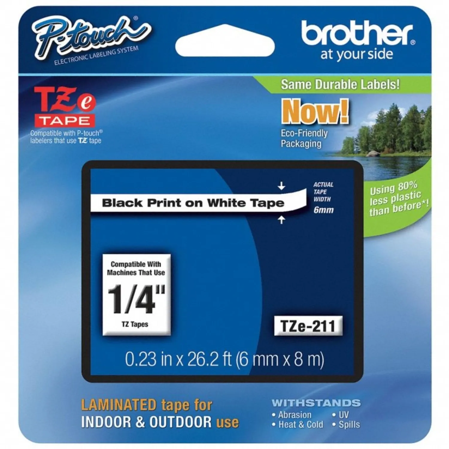 Brother Genuine P-touch TZE-211 Label Tape 1, 1/4" (0.23") Standard Laminated P-touch Tape, Black on White, Laminated for Indoor or Outdoor Use, Water Resistant, 26.2 Feet (8M), Single-Pack