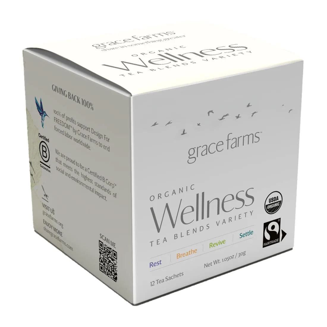 Grace Farms Wellness Organic Tea Blend Variety Box (12 Enveloped Sachets) | BREATHE, REST, REVIVE, and SETTLE | 3 Sachets of Each Tea With Adaptogens | Fairtrade & Kosher | Gives Back 100% of Profits