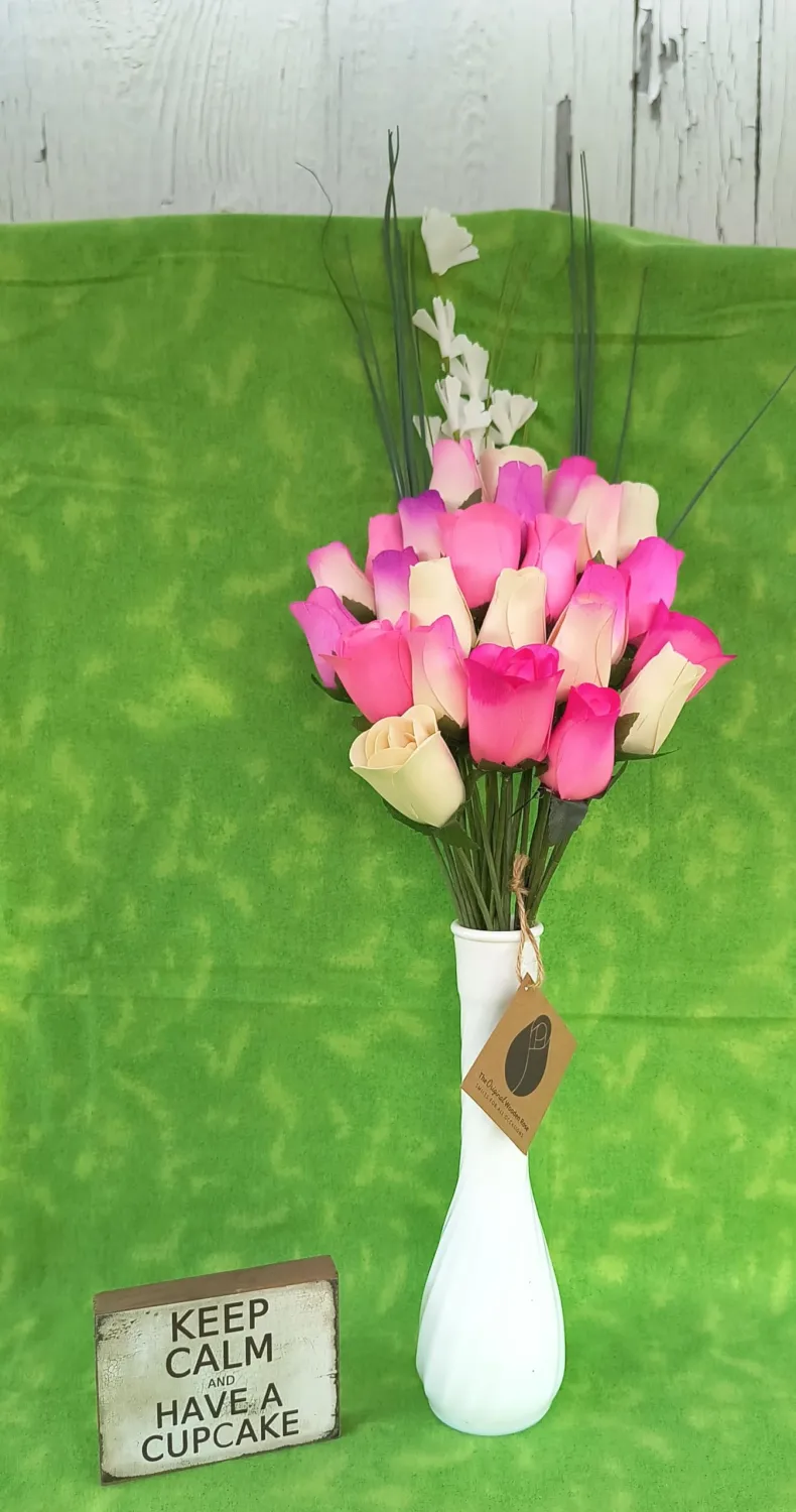 Deluxe Pink Blossoms Themed Bouquet. Featuring Closed and Half Open Bud Roses (2 Dozen)