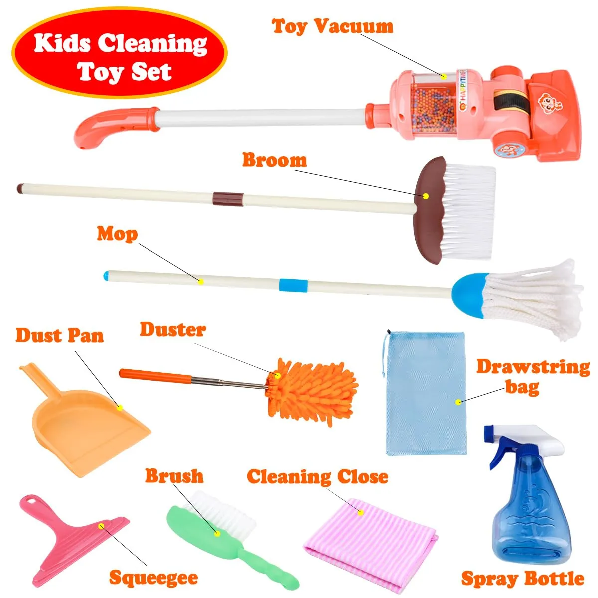 Meland Kids Cleaning Set - 8Pcs Toddler Broom and Toy Vacuum Cleaner, Pretend Play Children House Cleaning Toys, Christmas Birthday Gift for Girls and Boys