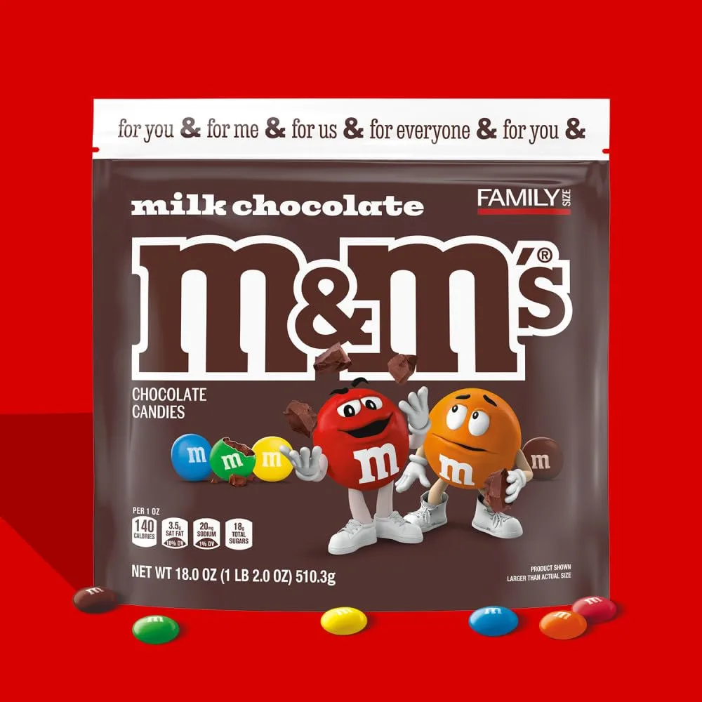M&M'S Milk Chocolate Candy, Family Size, 18 oz Resealable Bulk Candy Bag