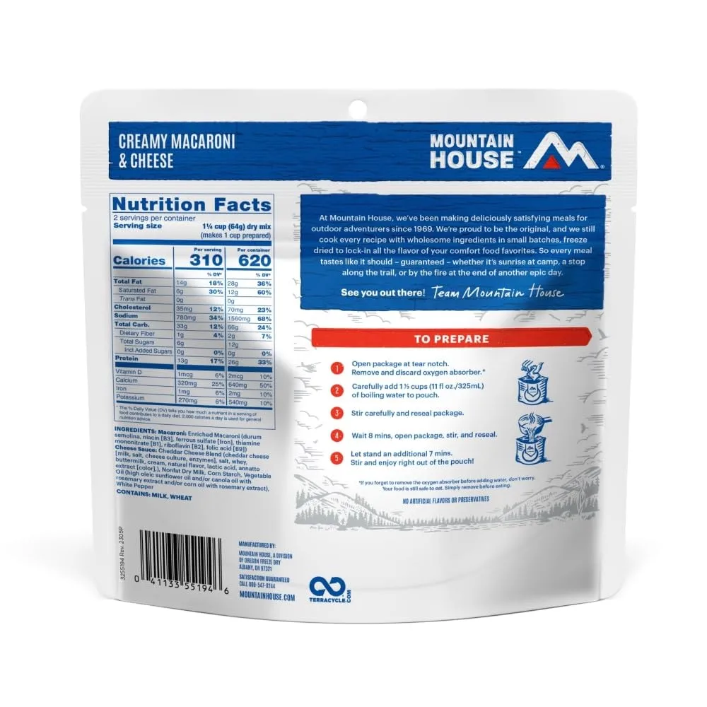 Mountain House Creamy Macaroni & Cheese | Freeze Dried Backpacking & Camping Food | 2 Servings