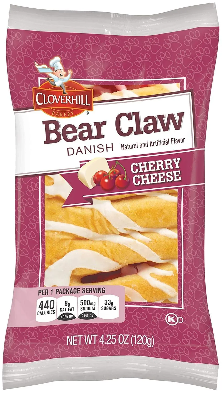 Cloverhill Bakery Bear Claw Cherry Cheese Danish, 4.25 Ounce - 6 Count Display Box (6 Pack, Bear Claw Cherry)